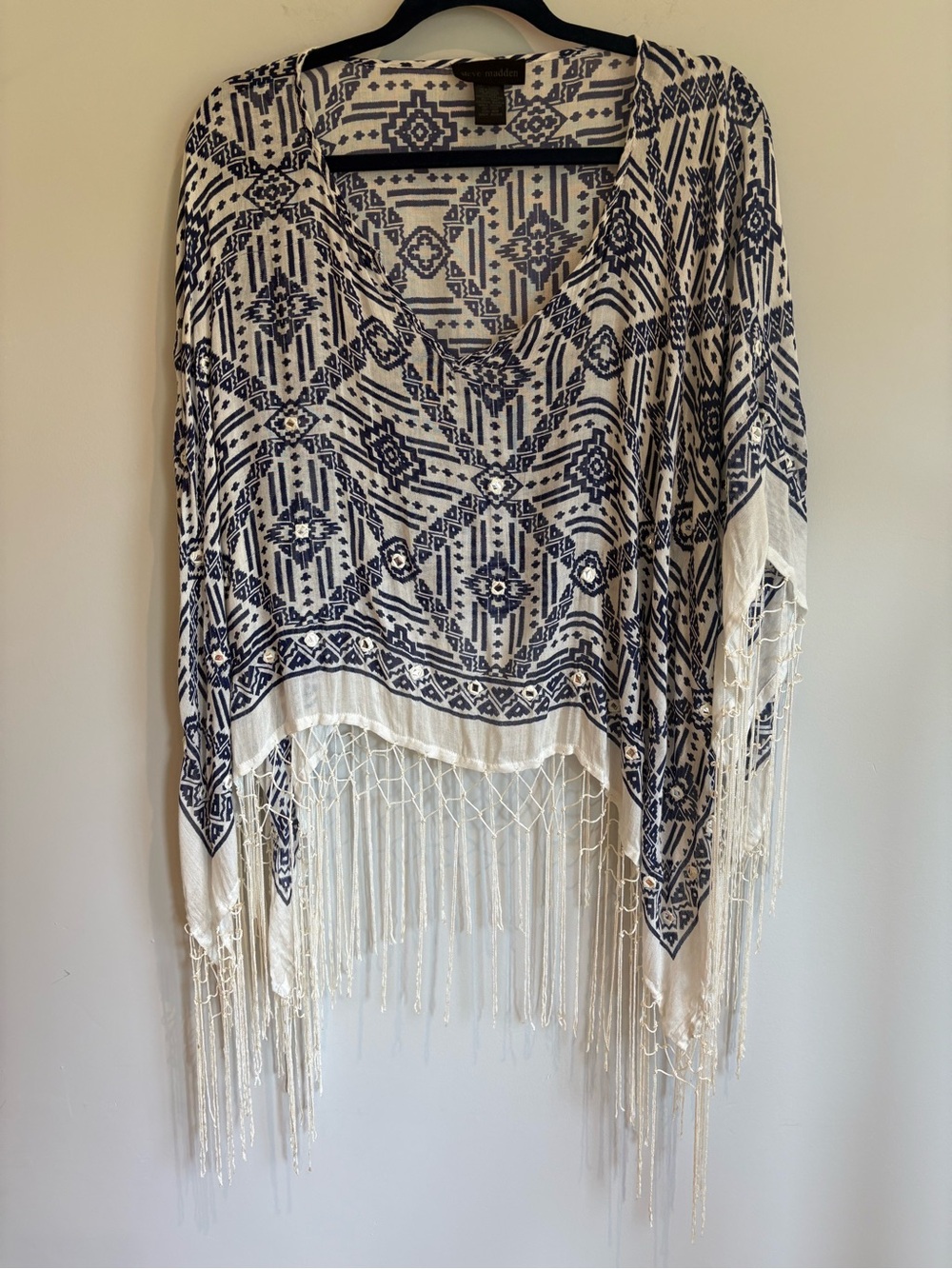 Steve Madden Fringe Kimono | Blue White Boho Festival Cover Up